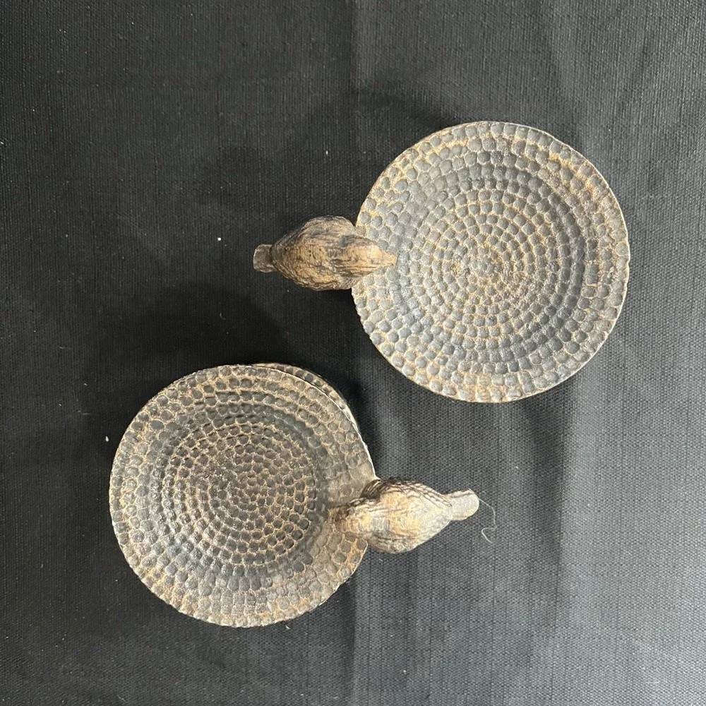Set of 2 Hammered Bronze Cast Iron Bird Pedestal Candle Holders Rustic Decor